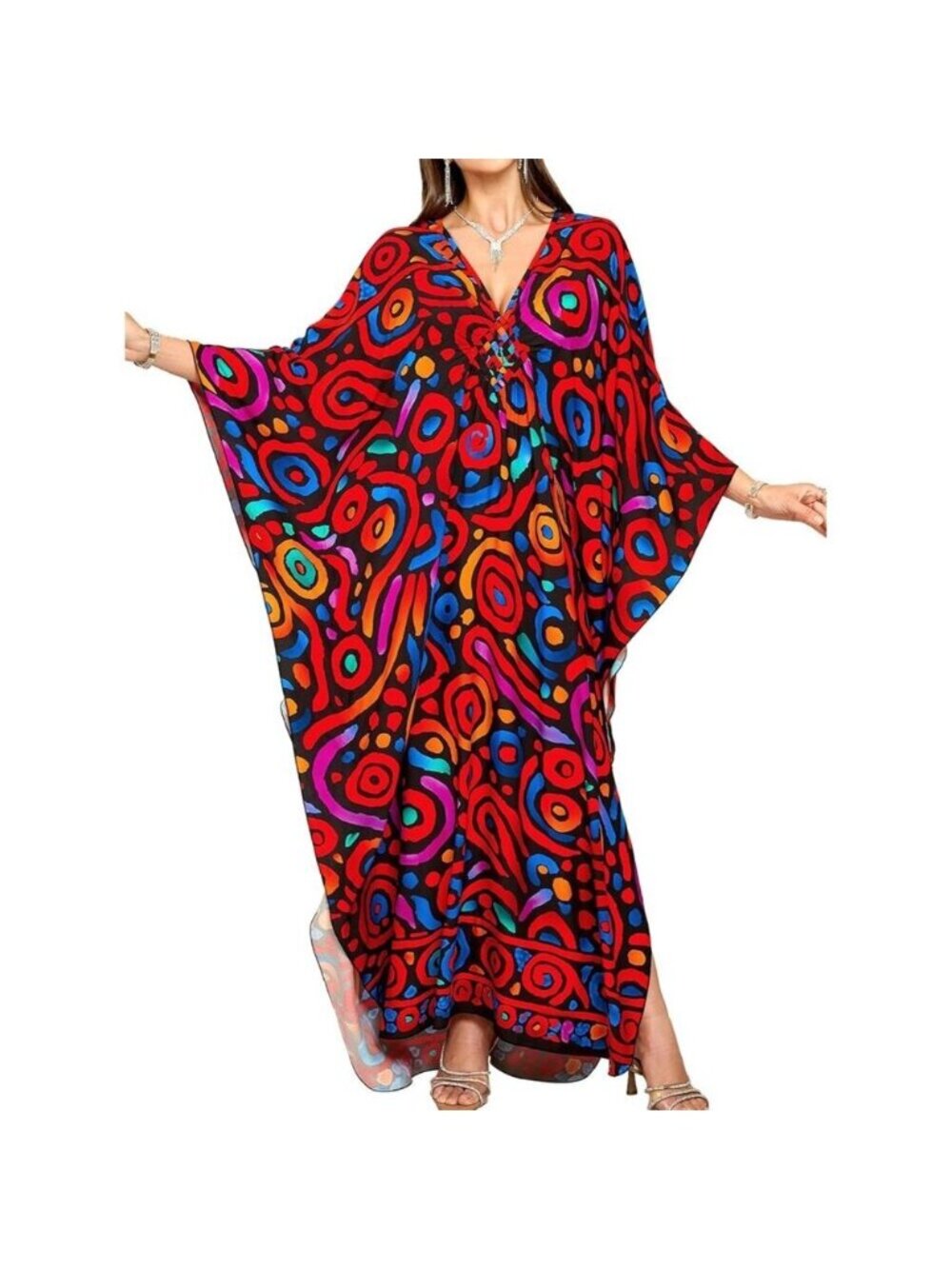 Women's Red Floral V-Neck Batwing Sleeves Summer Beach Cover Up Kaftan Dress